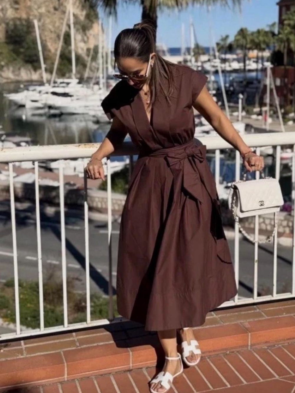 Zara Chocolate Brown Wrap Midi Dress with Tie Waist